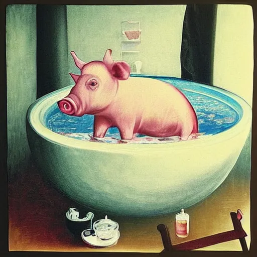 Prompt: “a portrait in an art student’s apartment, a feminine pig in a bubble bath, pork, ikebana white flowers, white wax, squashed berries, acrylic and spray paint and oilstick on canvas, by munch and Dali”