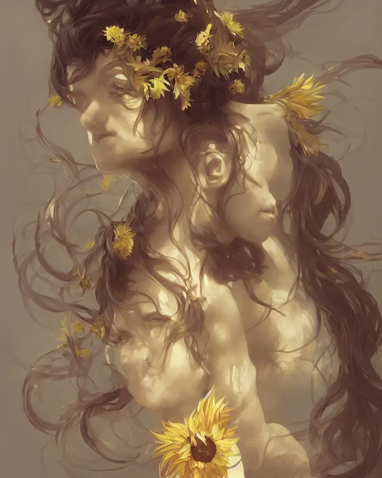 Image similar to character concept portrait of the sunflower goddess, an beautiful east-asian deity that channels sunlight and brings joy, intricate, elegant, digital painting, concept art, smooth, sharp focus, illustration, from Metal Gear, by Ruan Jia and Mandy Jurgens and William-Adolphe Bouguereau, Artgerm