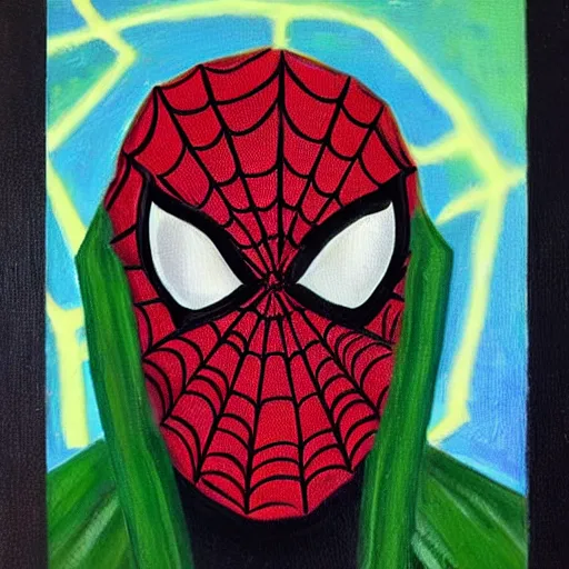 Image similar to spiderman kneels, praying to spider god, oil painting