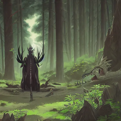 Image similar to concept art painting of an anthropomorphic dragon king with black robes, a long neck, and skull mask, in a deep forest, cel shaded, in the style of makoto shinkai and james gurney and studio ghibli and moebius