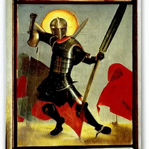 Image similar to maximus decimus with armor and sword fire effect by hieronymus bosch