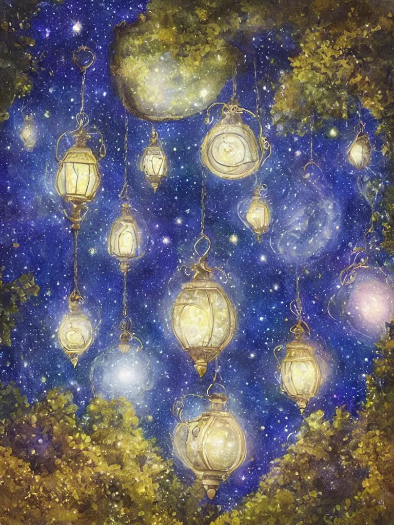 Prompt: Photorealistic Magical Orery lanterns with galaxies of stars inside in a beautiful glen in the moonlight, highly detailed