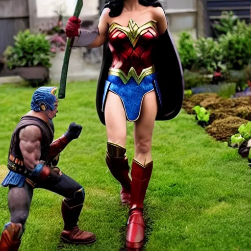 Prompt: wonder woman fighting an evil garden gnome