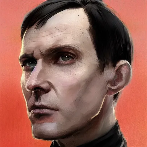 Image similar to Portrait of a man by Greg Rutkowski, he is about 40 years old, mixture between russian and irish, side parted combover brown hair, attractive, NARROW sharp ANGULAR hawkish features, hooked nose , extremely pale white skin, smart looking, he is wearing a black futuristic lawyer outfit, highly detailed portrait, scifi, digital painting, artstation, concept art, smooth, sharp foccus ilustration, Artstation HQ
