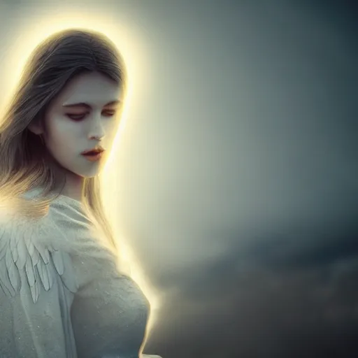 Image similar to portrait art of female angel, art by alessio albi 8 k ultra realistic, angel wings, lens flare, atmosphere, glow, detailed, intricate, full of colour, led lighting, trending on artstation, 4 k, hyperrealistic, focused, extreme details, unreal engine 5, masterpiece