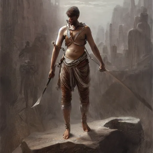 Image similar to artstation concept of a Young man with a bare upper body holding a sword in both hand, brown skin, silver garment, shiny colorful, hyperdetailed, artstation trending, world renowned artists, worth1000.com, historic artworks society, antique renewel, cgsociety, by greg rutkowski, by Gustave Dore, Deviantart