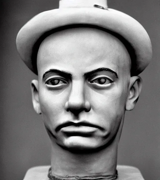 Image similar to flower pot with the face of a young Buster Keaton. Prominent cheek bones, gaunt, handsome, terracotta flowerpot growing African violets