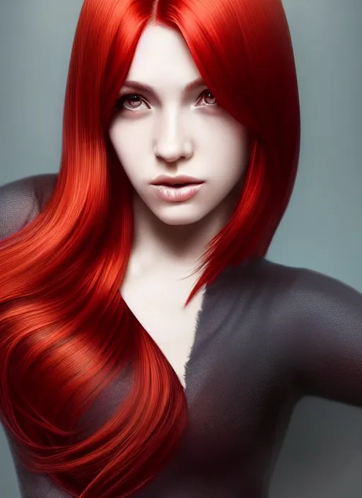 Image similar to photo of gorgeous woman with her right side hair dyed red and left side hair white in the style of stefan kostic, realistic, half body shot, sharp focus, 8 k high definition, insanely detailed, intricate, elegant, art by stanley lau and artgerm, foggy backgeound