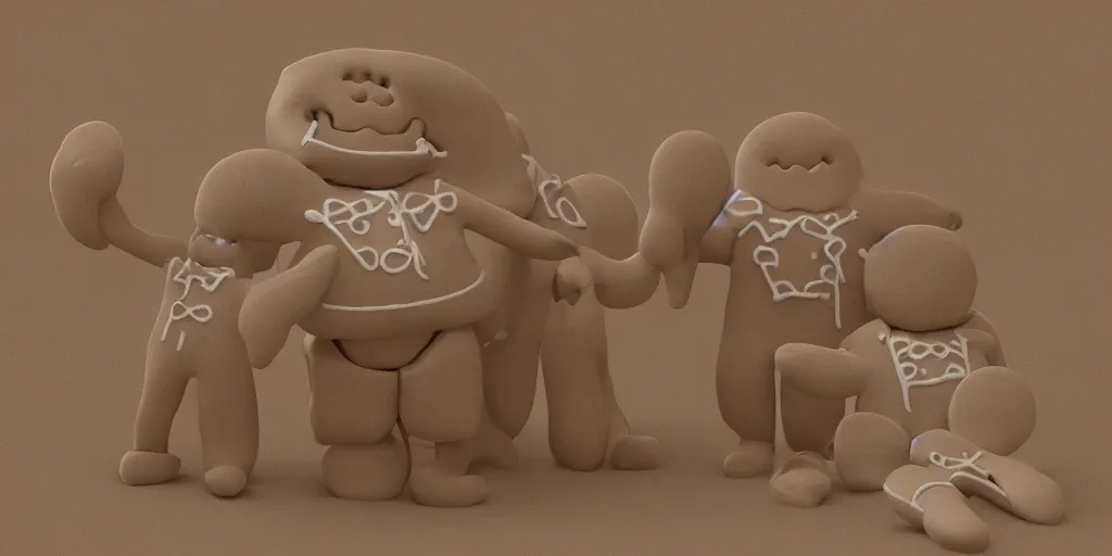 Image similar to “ gingerbread man baking in oven and smelling own farts, 3 d rendering play dough, trending on artstation, surreal ”