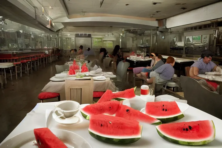 Image similar to 2 0 1 2 watermelon new jersey diner, tables repeat endlessly into the horizon, fruitcore, one point perspective, scene from a kiyoshi kurosawa movie