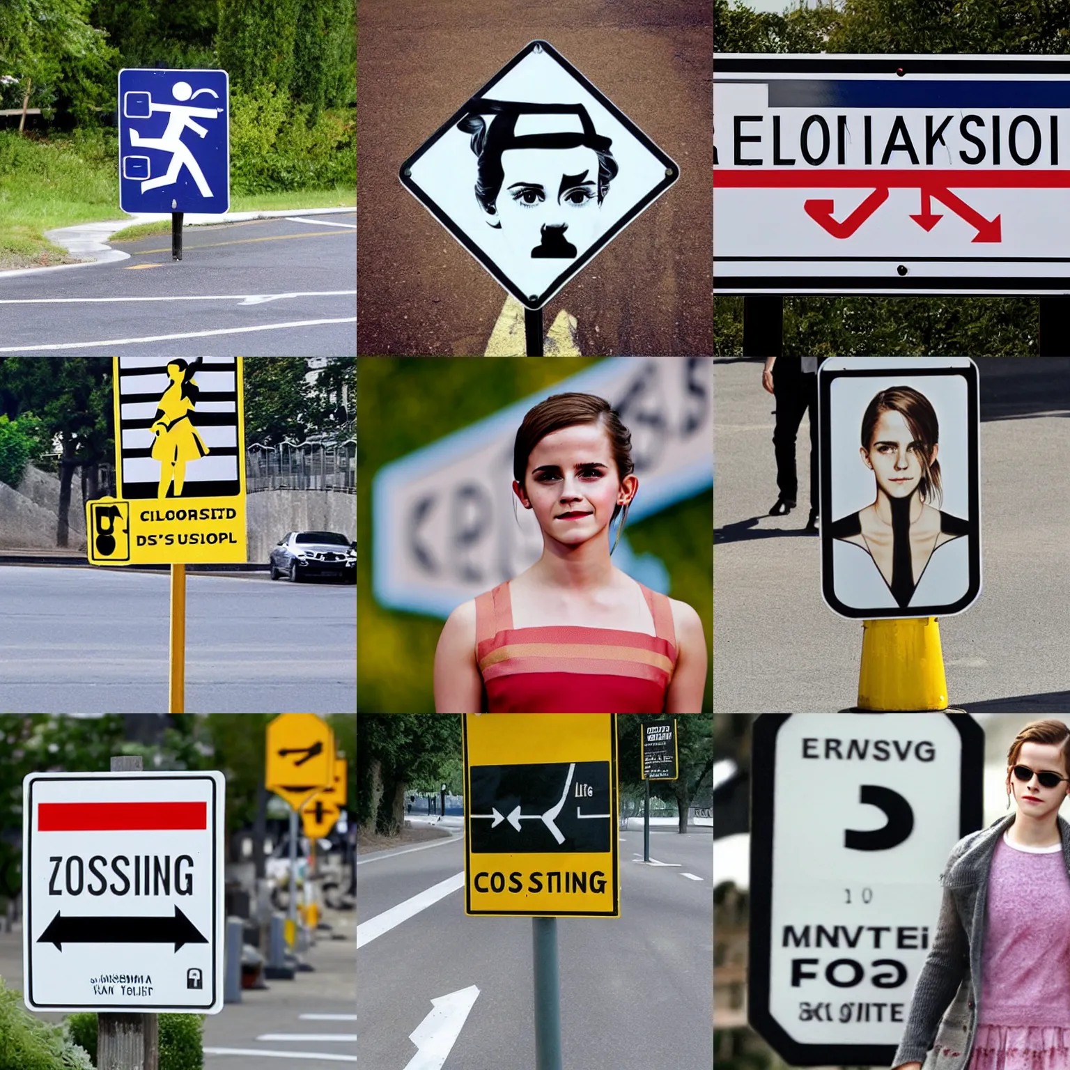 Prompt: roadsign : emma watson crossing