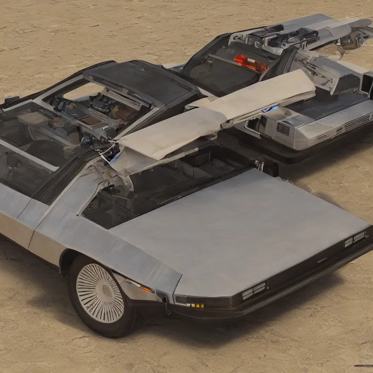 Image similar to blueprint of a sleek concept delorean, by red dead redemption 2, by greg rutowski