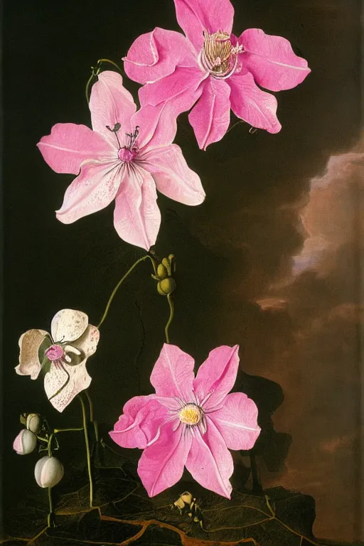 Image similar to thousands of clustered pink dripping clematis liquefying dripping with pink paint by ambrosius bosschaert and salvador dali, oil on canvas