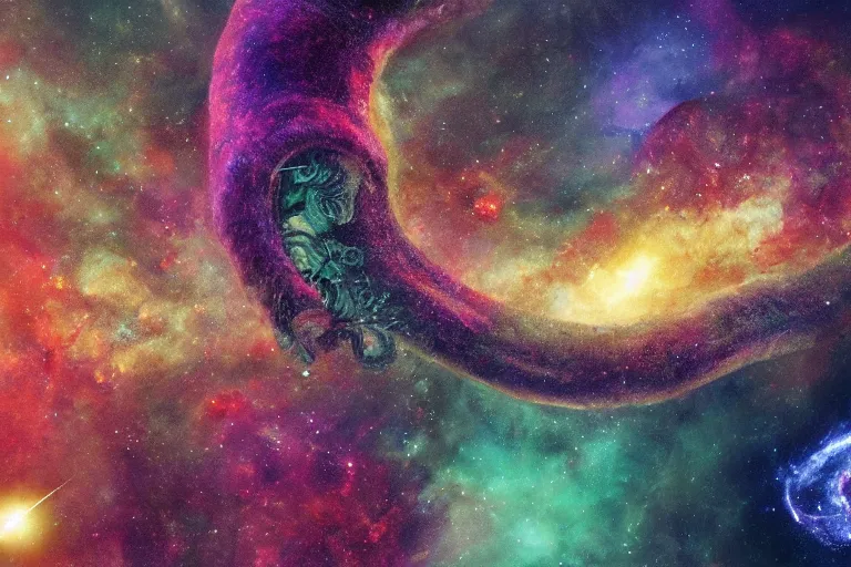 Image similar to a giant lovecraftian tentacle creature emerging from a space nebula, digital art, photorealistic, highly detailed, intricate