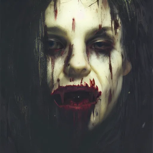 Image similar to portrait painting of a vampire monster, mysterious atmospheric lighting, feral, teeth, a bit of blood, manor, medieval, dark fantasy, painted, intricate, volumetric lighting, rich deep colours masterpiece, golden hour, sharp focus, ultra detailed, by ruan jia