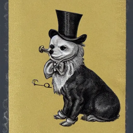 Image similar to A pomeranian wearing a top-hat and a monocle, sitting on a pile of gold coins