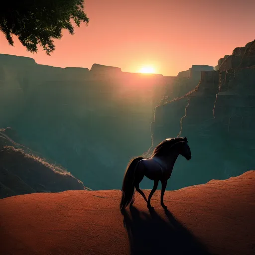 Image similar to spirit untaimed, horse from the movie next to a canyon riding in the sunset, movie poster, 8 k, trending on artstation, octane render, volumetric shadows