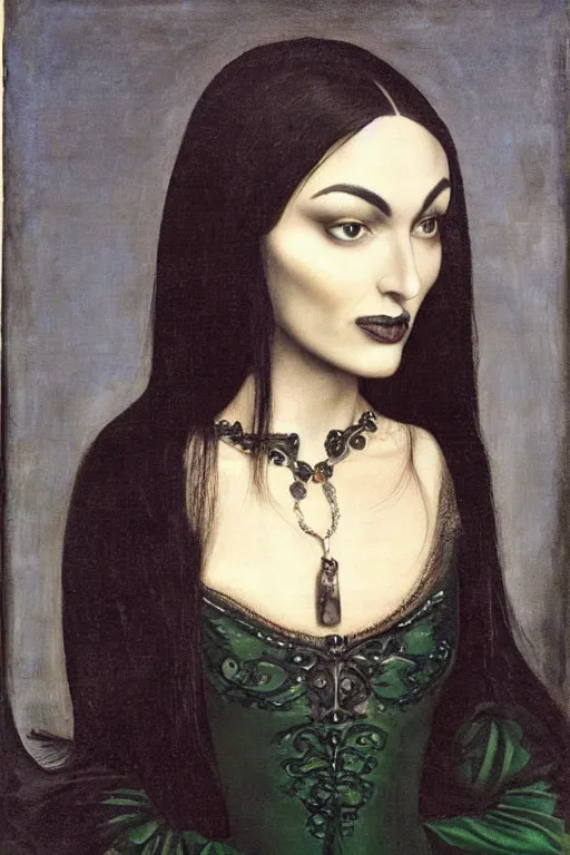 Image similar to beautiful face portrait of sasha grey as morticia addams, oil painting by nicholas hilliard, raphael, sofonisba anguissola