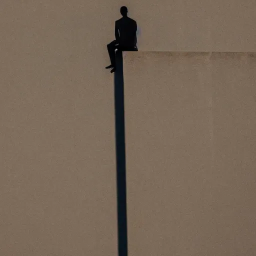 Prompt: a man sitting on the edge of a tall building. just observing