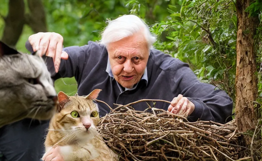 Prompt: david attenborough pointing at a cat guarding it's eggs. big nest. nature photography, strange, photorealistic