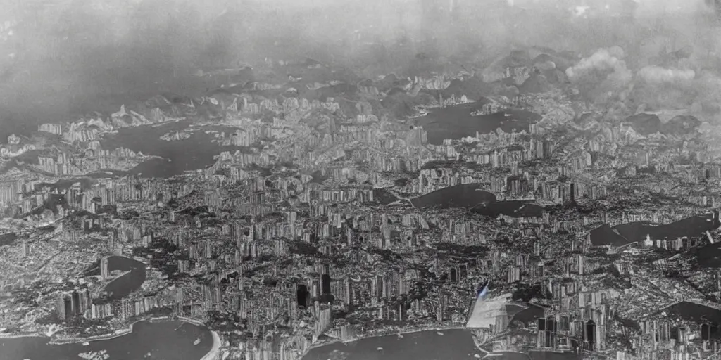 Prompt: the bombing of rio de janeiro ( 1 9 3 0 ), historical photograph, highly detailed, 4 k, real, early 2 0 th century, wide angle, bomber planes