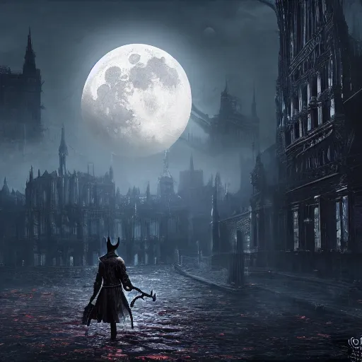 Prompt: bloodborne concept art, 4 k, painterly, large moon