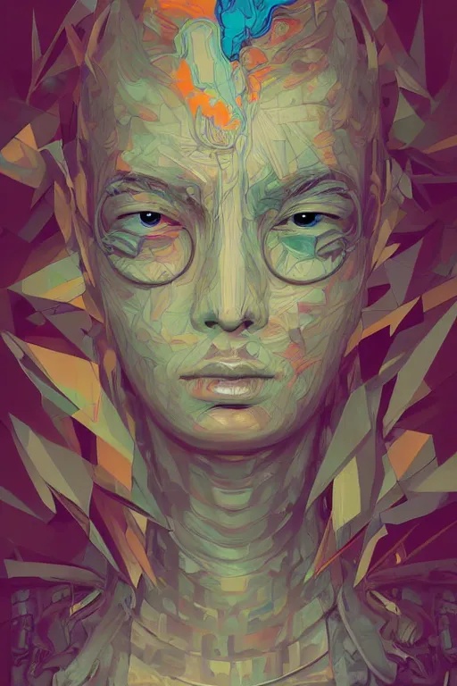 Image similar to abstract portrait, cyberpunk art, floating detailes, very detailed face, leaves by miyazaki, colorful palette illustration, kenneth blom, mental alchemy, james jean, pablo amaringo, naudline pierre, contemporary art, hyper detailed