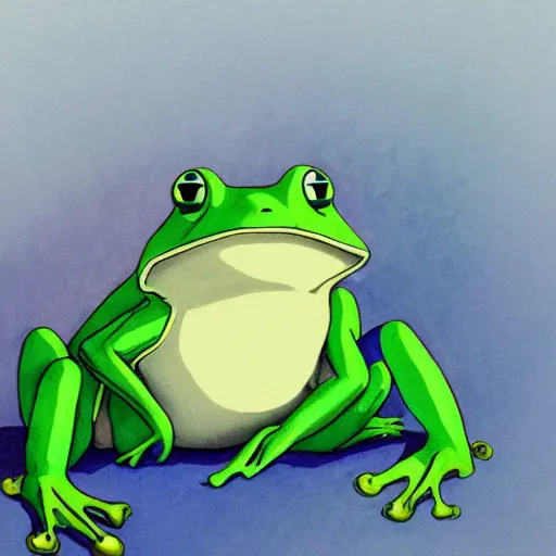 Image similar to A professional portrait of a frog wizard, painted by Studio Ghibli, 4k, traditional art, trending on deviantart, highly detailed, full body shot, wide depth of field, professional lighting, airbrush