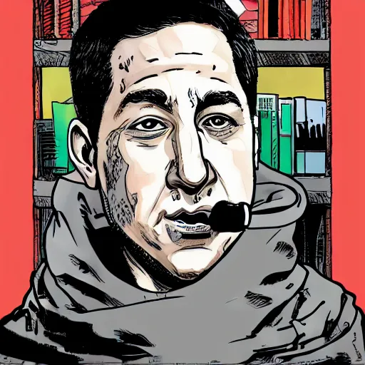 Image similar to glenn greenwald eating his own face in the style of katsuhiro otomo line art blended with pushead style