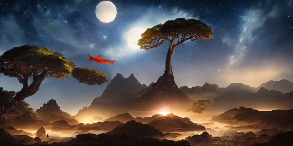 Prompt: koi fish floating in the sky over moonlit socotra island with dragon trees, starry night, sharp focus, wide shot, trending on artstation, masterpiece, by greg rutkowski, by ross tran, by fenghua zhong, octane, soft render, ultrarealistic, colorful, cinematic, shadow of the tomb rider