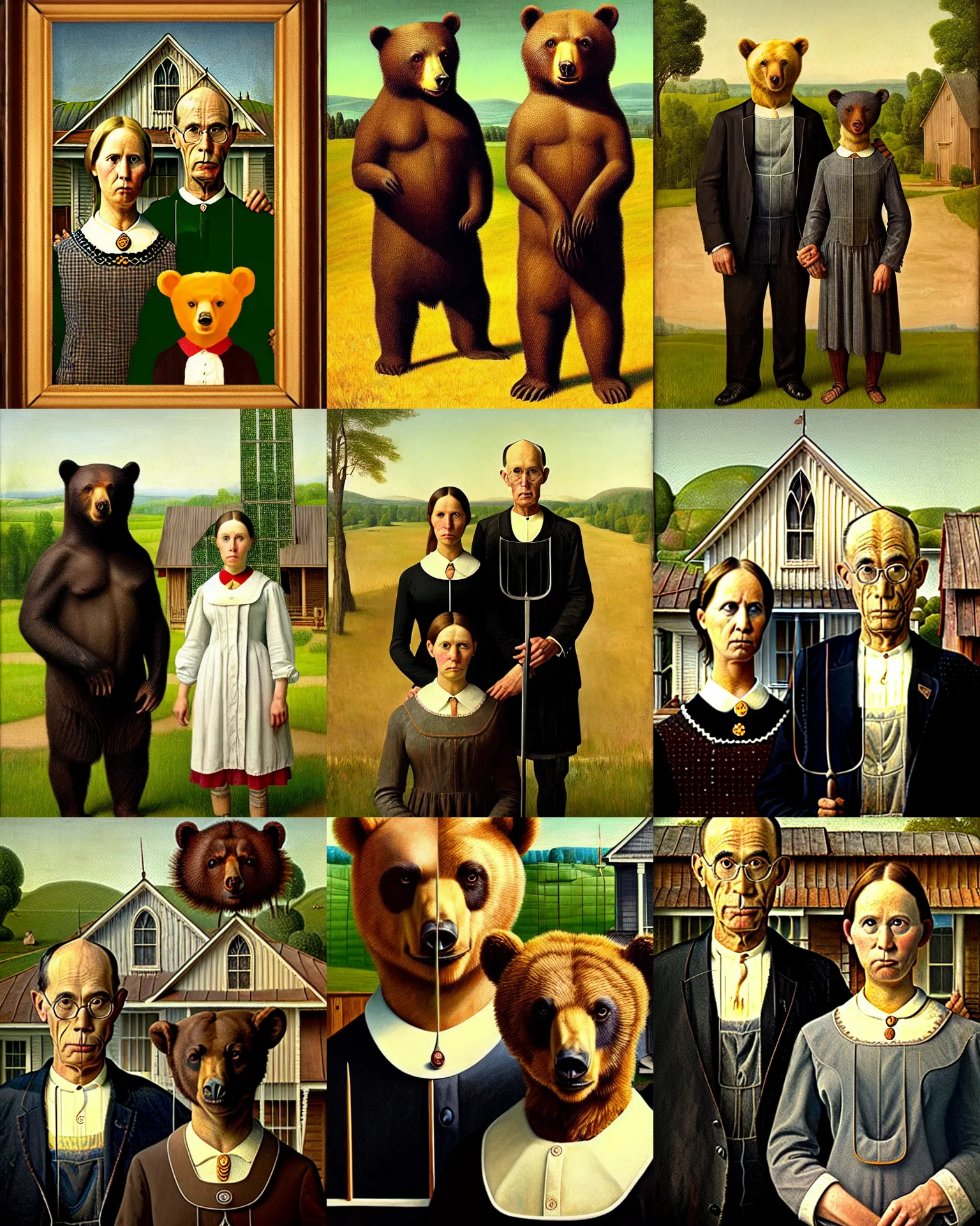 Prompt: two bears drawn in a style of a painting american gothic by grant wood, highly detailed, masterpiece, 8 k