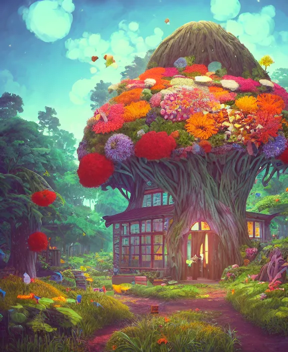 Image similar to a simple, whimsical school made from flowers, overgrown with huge exotic fungus, deep in the woods, cheerful, dramatic lighting, partly cloudy, by dan mumford, yusuke murata, makoto shinkai, ross tran, dreamy, cinematic, unreal engine, cel shaded, featured on artstation, pixiv