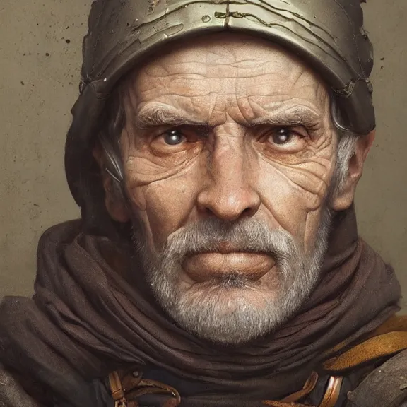 Image similar to excellent painted portrait of a retired elderly 15th century swiss mercenary, high quality painting with detailed face, 4k, trending on artstation, octane render, art by artgerm and greg rutkowski and alphonse mucha and craig mullins and James Jean and Andrei Riabovitchev and Marc Simonetti and peter mohrbacher