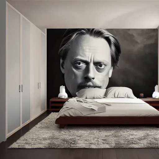 Prompt: a cozy bedroom interior with wall murals of steve buscemi, detailed, high resolution, wow!, intricate, volumetric lighting, raytracing