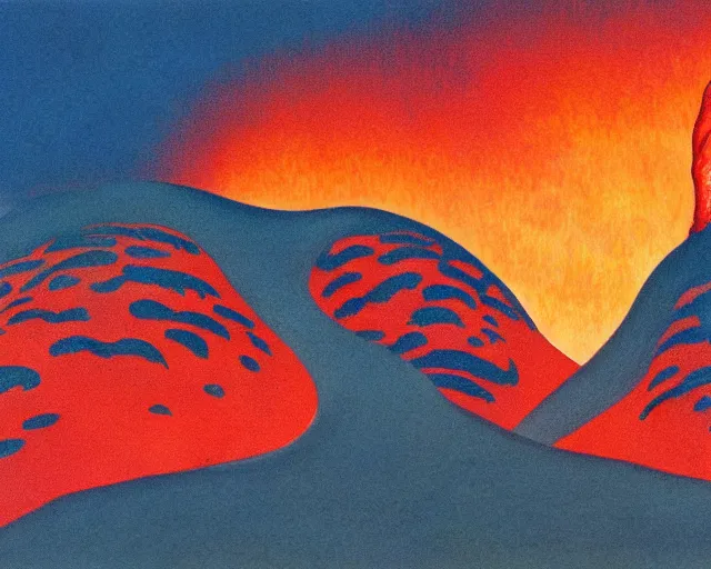 Image similar to roger dean 1 9 8 0 s fire lava volcano imagery, illustration art, album art