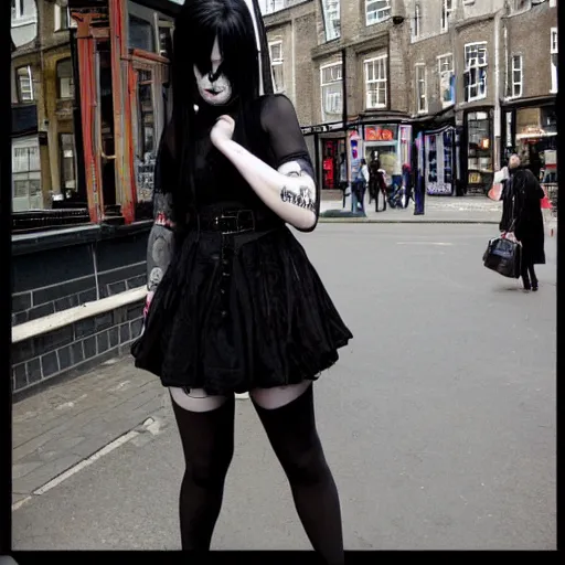 Prompt: A goth emo girl loitering around a British high street, 2006