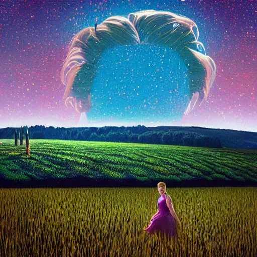 Image similar to giant daisy flowers as a head, girl walking in wheat field, hills, surreal photography, dark night, star trails, impressionist painting, dramatic clouds, digital painting, artstation, simon stalenhag