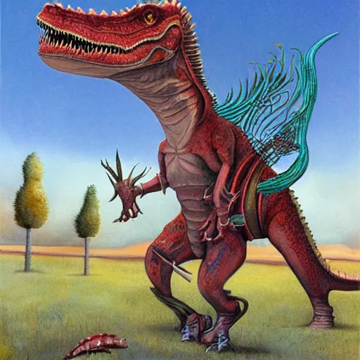 Image similar to dinosaur as a cowboy, artwork by Daniel Merriam,