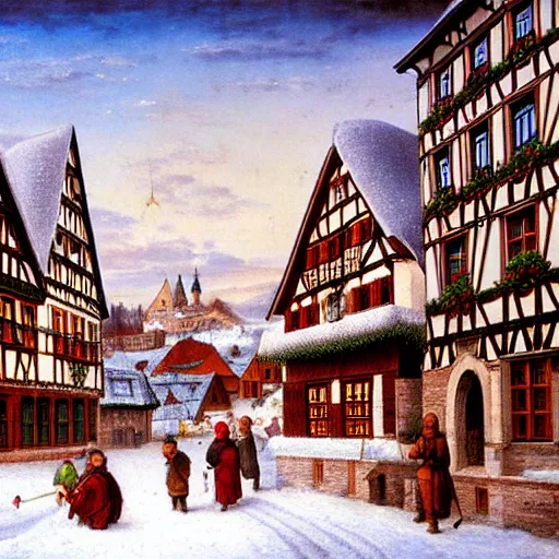 Image similar to A renaissance german town during winter. Afternoon. highly detailed