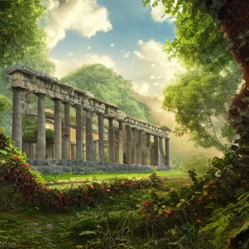 Prompt: beautiful highly detailed digital illustration of greek palace ruins in the forest. by Andreas Rocha, dramatic clouds, flowers and vines and creepers, establishing shot, cinematic, architecture, artstation HQ, HD, 8k resolution, featured in art magazine, amazing depth, octane render, unreal engine 5