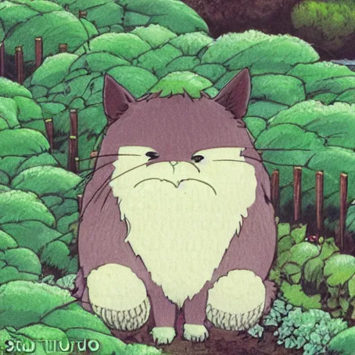 Prompt: fluffy creature in the cabbage garden by studio ghibli