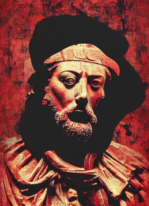 Image similar to design poster showing a statue of marcus aurelius, black background with very subtle red and purple design elements, powerful, nekro, graphic design, collage art, thin lines, dark, glitch art, neo vaporwave, gritty, layout frame, square, trending on artstation