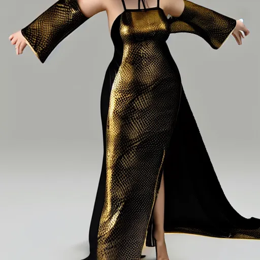 Image similar to curvy feminine hot goth cutie with sublime modest elegant patterned gold-black snakeskin leather neck-high gown, cgsociety, photorealistic, comfy ambience, idealistic, 16k, smooth, sharp focus, trending on ArtStation, volumetric lighting, fully clothed, worksafe