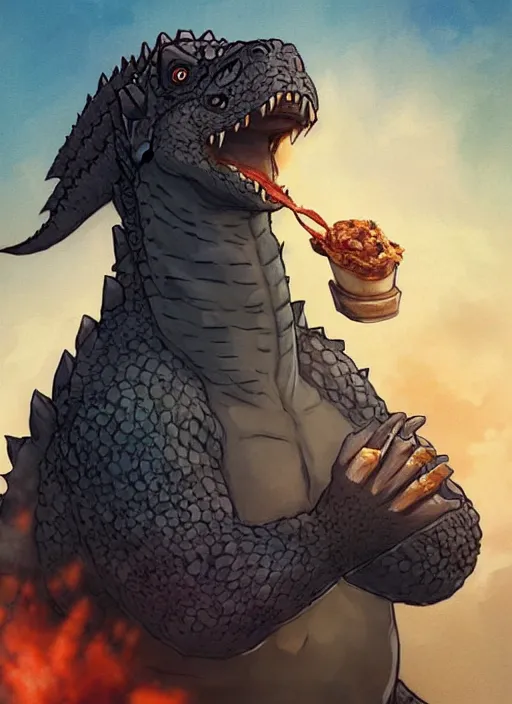 Image similar to beautiful portrait of Godzilla eating a beef and bean burrito from chipotle. character design by charlie bowater, ross tran, artgerm, and makoto shinkai, detailed, inked, western comic book art