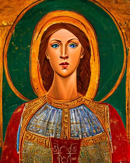 Image similar to byzantine fresco portrait of woman in shining golden armor, high production value, intricate details, high resolution, hdr, high definition, masterpiece, realistic, ultrarealistic, highly detailed, hd, sharp focus, non blurry, sharp, smooth