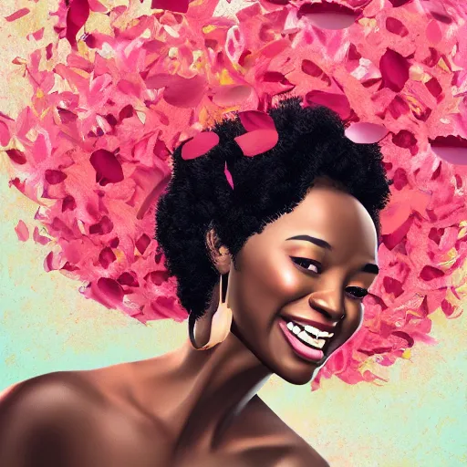 Prompt: portrait of a smiling beautiful black woman who looks like nia long with big curly afro surrounded by falling flower petals with lush savannah in the background by argerm, face by wlop, full color digital illustration trending on artstation, octane render