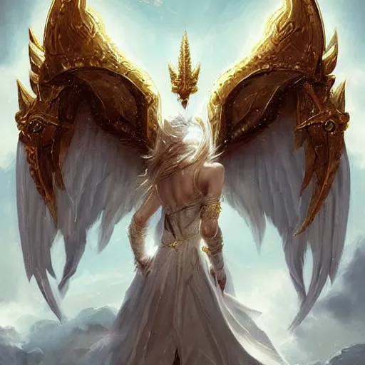 Image similar to a white bull with angelic wings and golden horns, epic fantasy digital art, fantasy style art, by Greg Rutkowski, fantasy hearthstone card art style