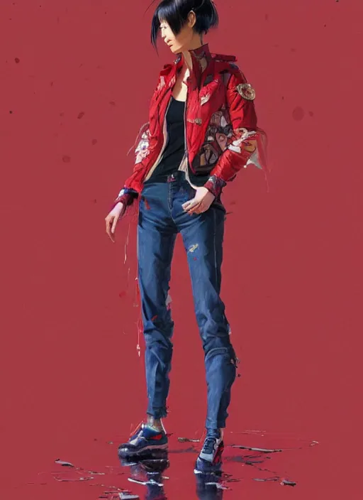 Prompt: full body long shot of Japanese female wearing red futuristic 1980s jacket and torn jean shorts, highly detailed, digital painting, artstation, concept art, sharp focus, illustration, art by greg rutkowski and alphonse mucha