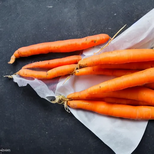 Prompt: photo carrots in a plastic bag with a damp paper towel inside,