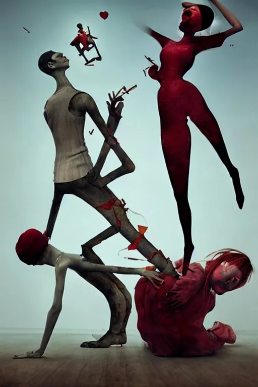 Image similar to man breaking into pieces while a woman tries to hold the fallen parts, surreal, ray caesar